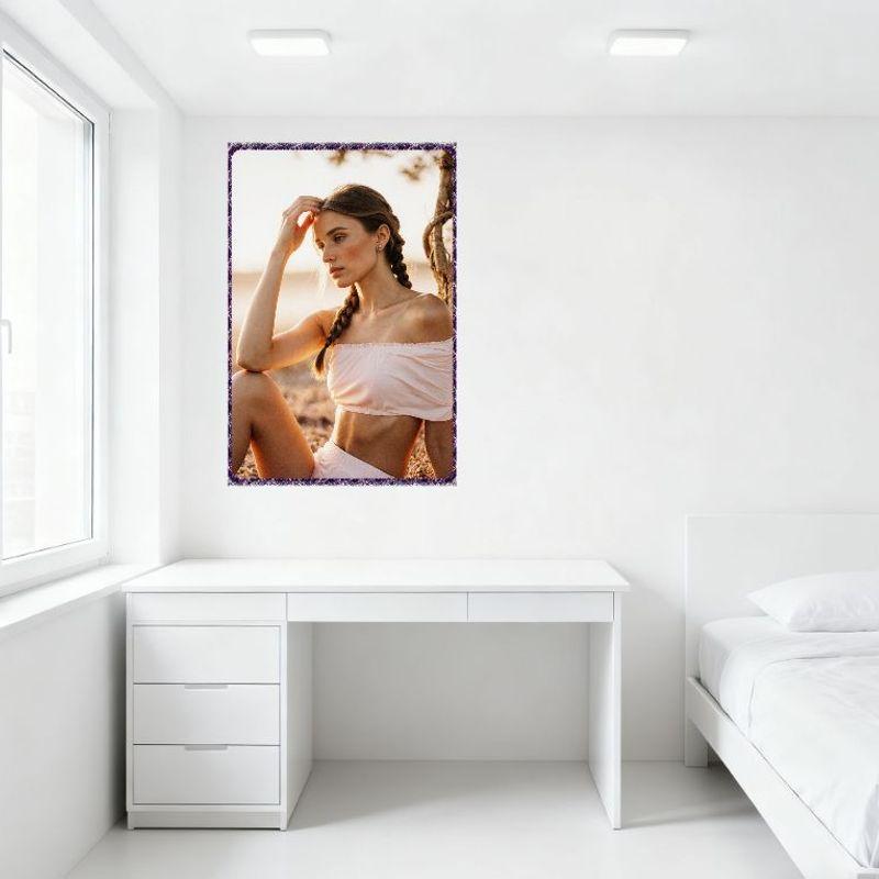 Sexy Light Brown Hair Dutch Braid Woman Desert Sunset Tin Sign - Off-Shoulder Pink Crop Top & Shorts, Golden Hour Outdoor Scene