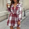 Primavera Autunno Donna Plaid Manica Lunga Cintura Cardigan Abiti Colletto Revers Vita Alta A-Line Lunghezza Media Abito Camicia