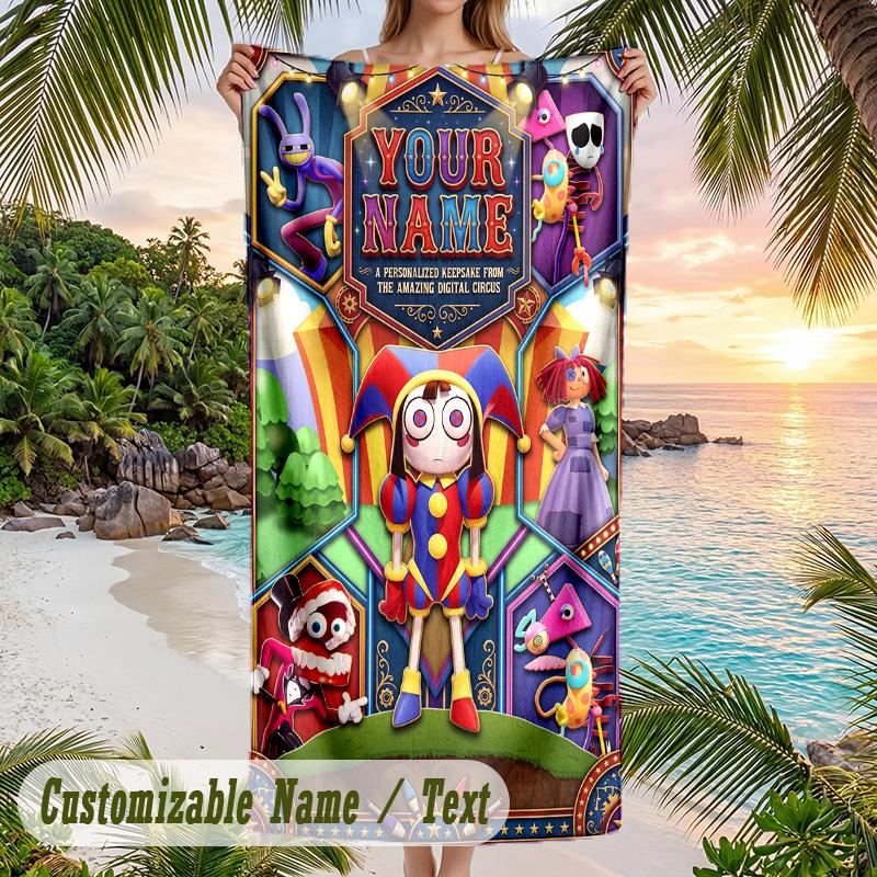The Amazing Digital Circus Beach Towel, Personalized Custom Text, Quick Dry Soft Large Towel For Swimming Pool Travel