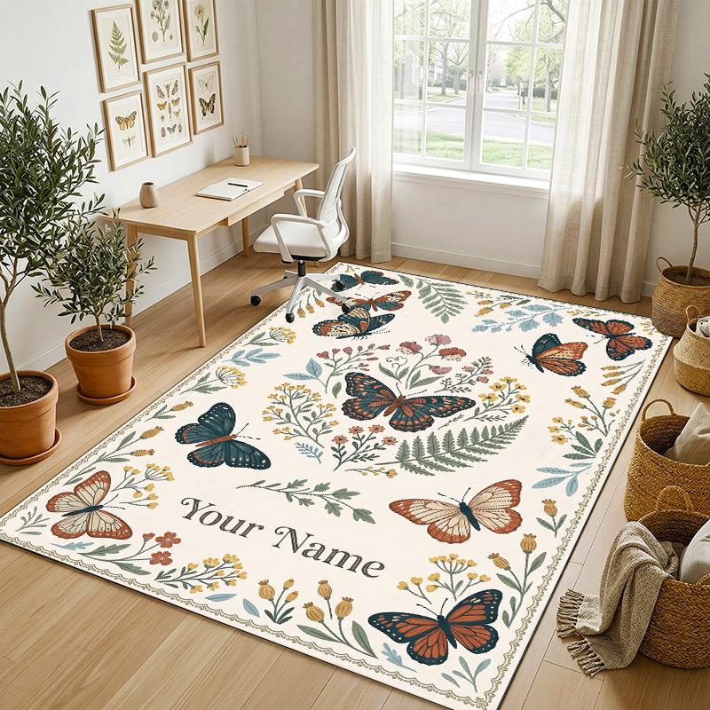 Butterflies Birds Night Theme Soft Crystal Velvet Rug Custom Name & Text Print Non Slip Floor Rug for Bedroom Living Room