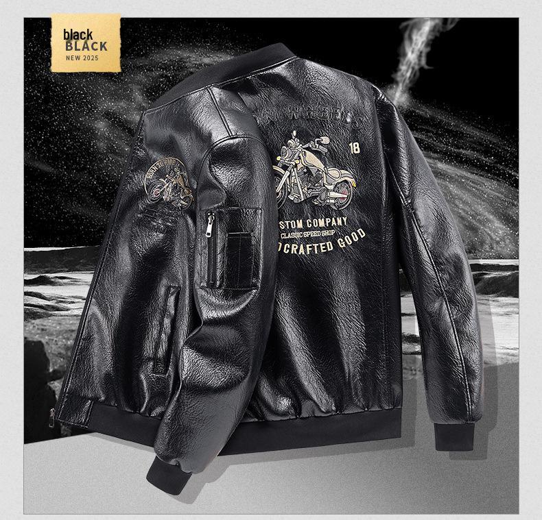 Veste de vol tendance en cuir grande taille pour homme - Automne Col montant de motard avec design brodé