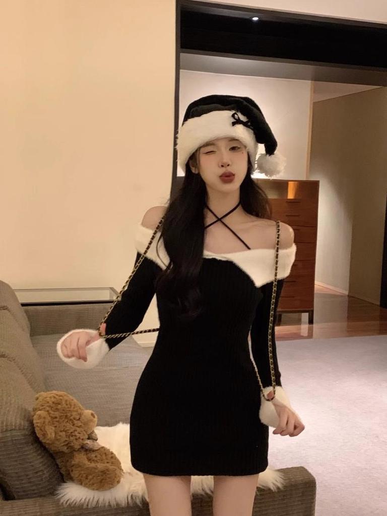 Chic One-Shoulder Knitted Dress: Autumn Christmas Style, Halter Neck, Slim Fit Short Skirt for Women