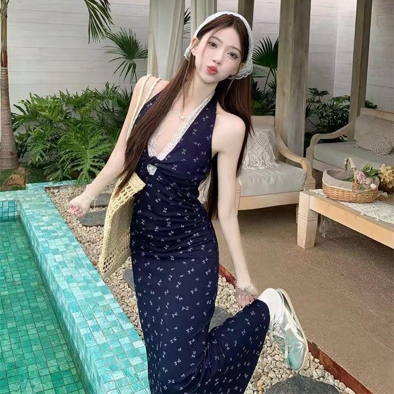 Summer new pure desire style temperament floral neck dress long dress lace lace splicing waist A-shaped skirt