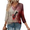 Womens 3/4 Sleeve Daily Weekend V Neck Casual Printed Tshirts Loose Fit Pleated Tees Button Down Shirts