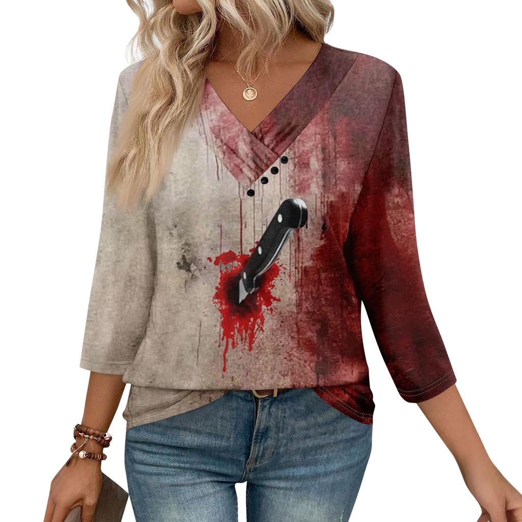 Womens 3/4 Sleeve Daily Weekend V Neck Casual Printed Tshirts Loose Fit Pleated Tees Button Down Shirts