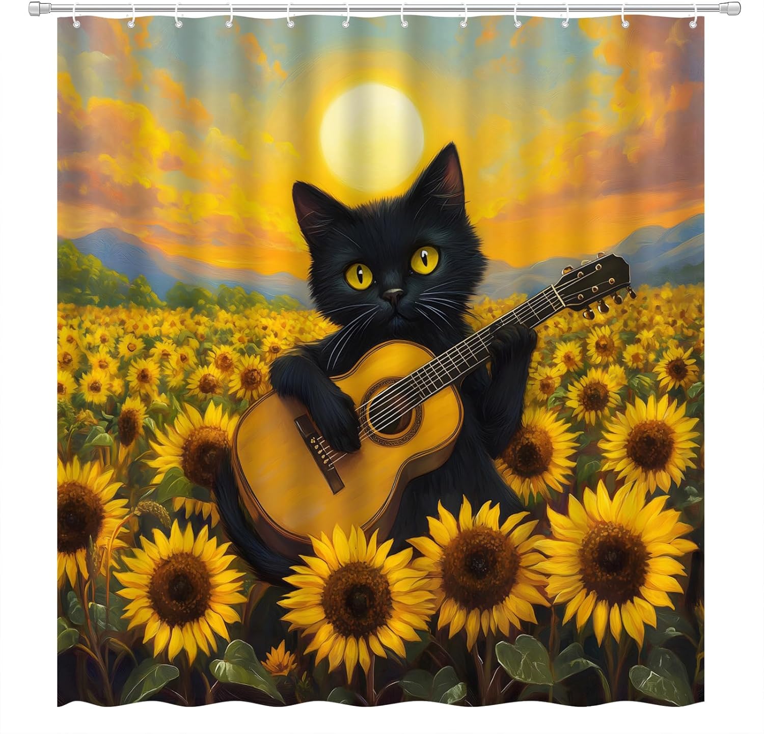 

Black Cat Shower Curtain Sunflower Rustic Farmhouse Flower Funny Kitten Cute Animal Country Wildflower Vintage Abstract W60H190(CM)-1 Pcs