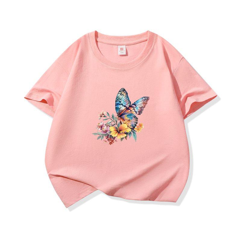 Kids Cotton T Shirt Watercolor Butterfly With Floral Bouquet Print Crew Neck Short Sleeve Tee Casual Boys Girls Summer Tops