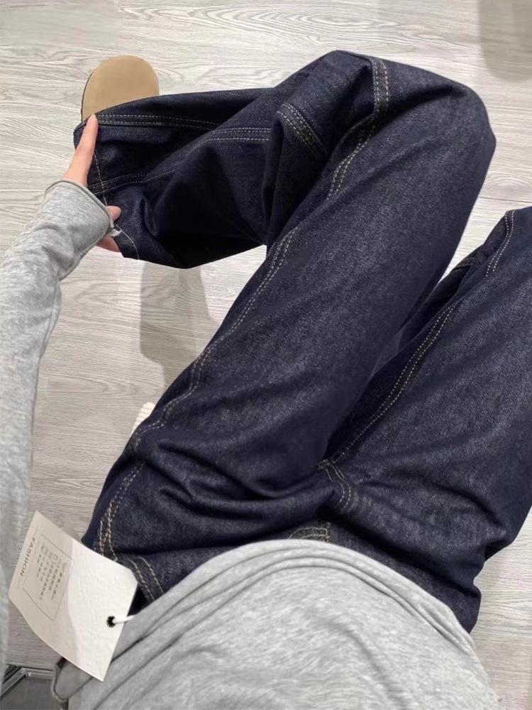 Women's 2025 Dark Blue High-Waisted Wide-Leg Denim Jeans - Autumn Collection, Loose Fit, Floor-Length.