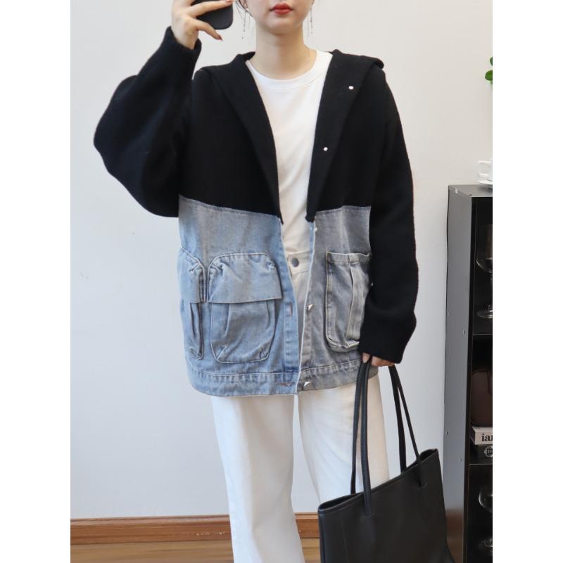 

Осень и зима новый худи с джинсовой вставкой, вязаный двухсторонний кардиган, дизайнерский свободный свитер-куртка для женщин one size fits all чёрный