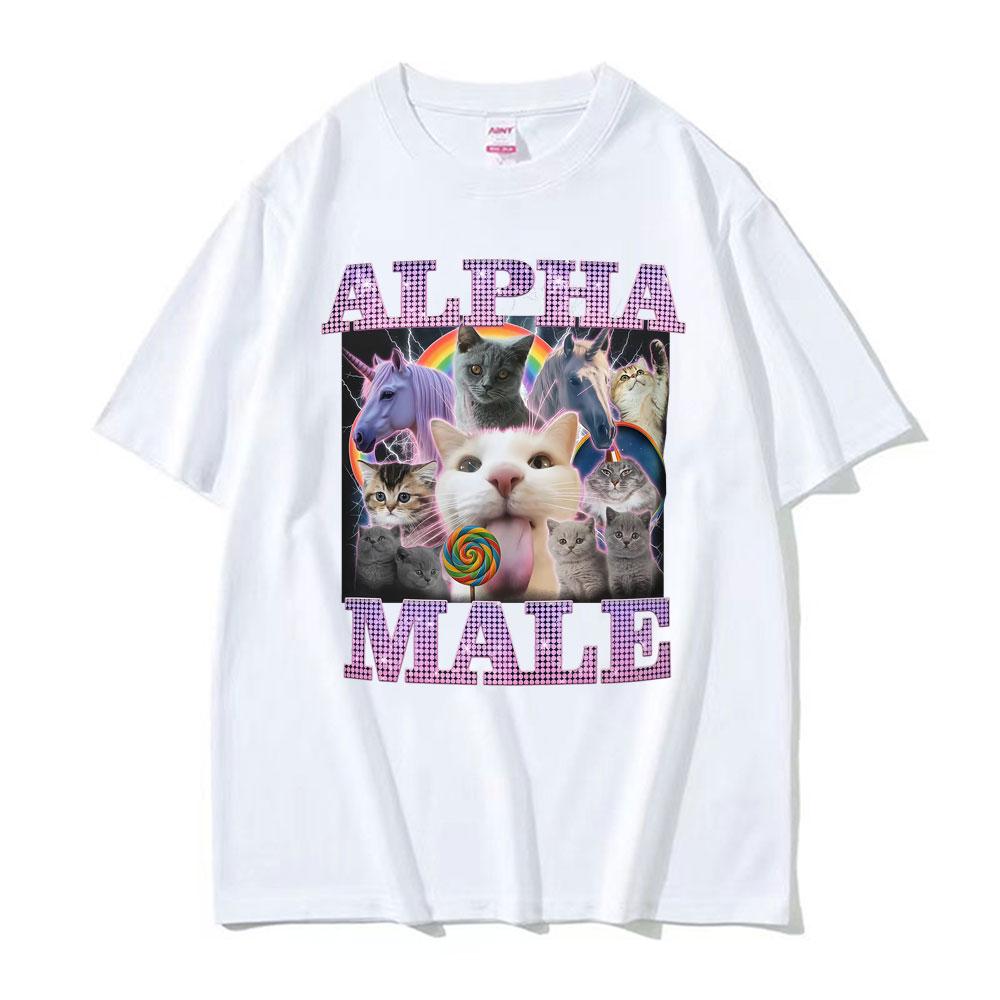 Alpha Männchen Lustige Katze Einhorn Regenbogen T-Shirt Unisex Damen Mode Kawaii Niedlich Kurzarm T-Shirt Baumwolle Locker Übergröße T-Shirt