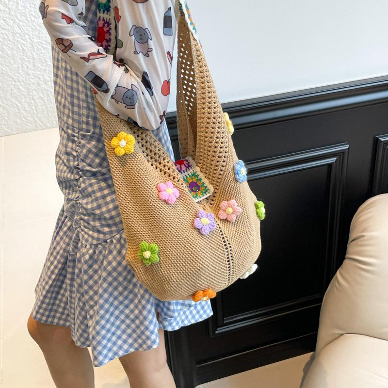 Flower Cotton Thread Woven Bag Women's 2025 New Summer Large-capacity Shoulder Bag Relaxation Vacation Beach Bag