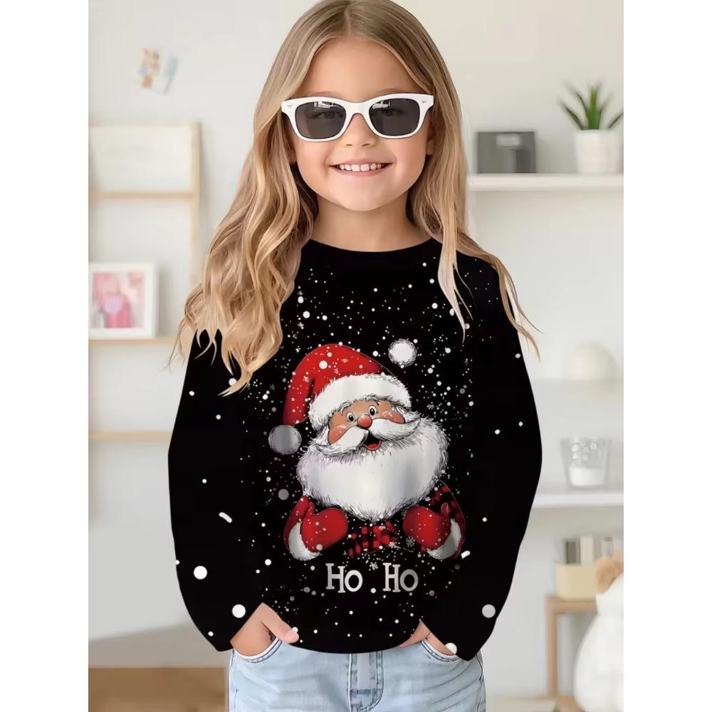 Christmas Santa Claus Print Girl Clothes Autumn Children Top Round Neck Long Sleeve Fashionable Comfortable Breathable Versatile Sports T-shirt