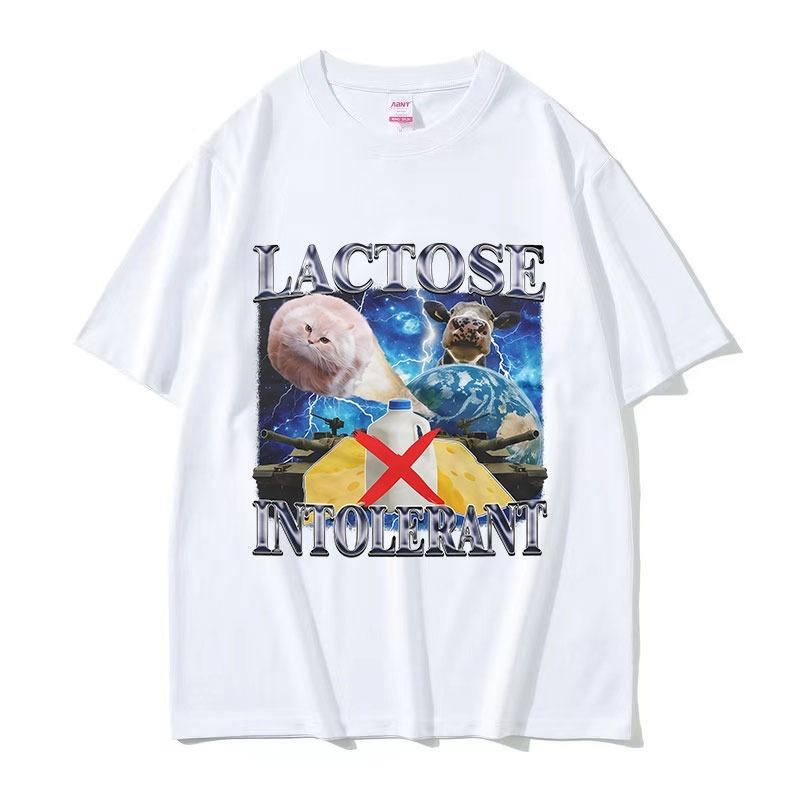 Lactose Intolerant Funny Cat Meme Graphic Tee Shirt Unisexs Vintage Fashion Cotton Clothing Short Sleeve TShirts Streetwear Top