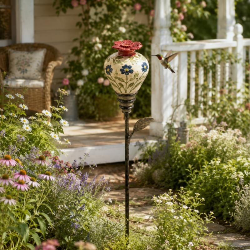 Plant-Themed Nectary-Bird Station with Pointed Ground Stake, Decorative Food or Water Point for Outdoor Lawn Placement