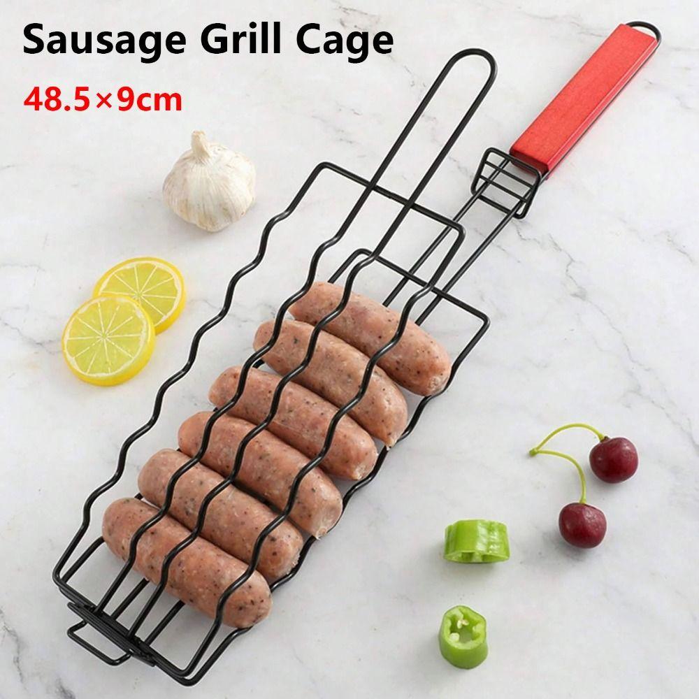 1Pcs Metal Sausage Grill Cage Heat Resistant Handle BBQ Grill Rack  Fish Grilling Clip Tool