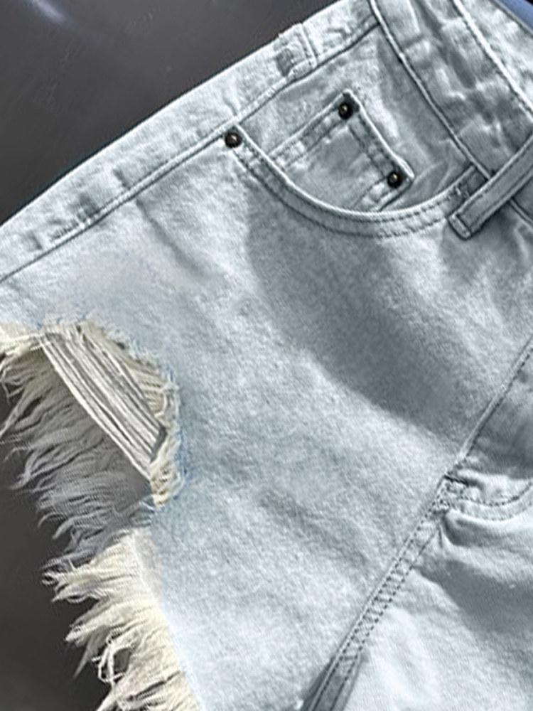 Light Blue Spicy Vintage Distressed Low-Waist Ripped Denim Shorts for Women – Sexy Wide-Leg Summer Hot Pants