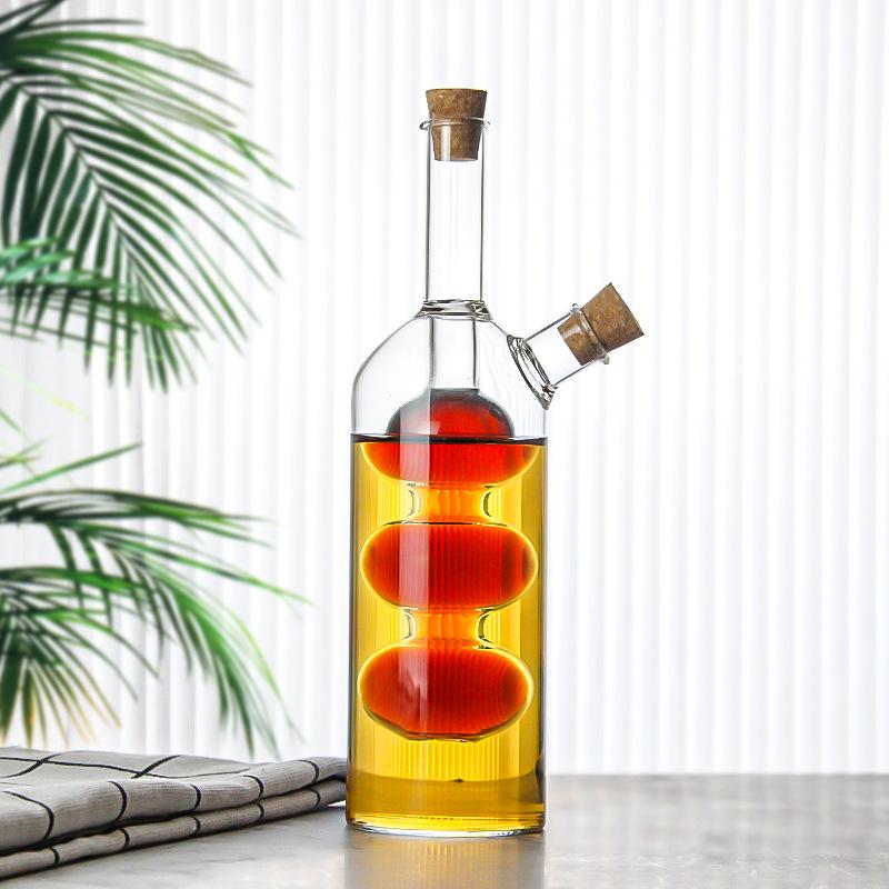 Double-layer Glass Oil Jug 2-in-1 Oil Vinegar Bottle Home Creative Double-mouth Cork Shaped Glass Oil Jug Kitchen Seasoning Tool