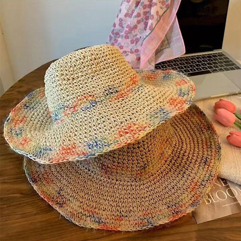 Women's Summer Foldable Sun Hat Floppy Travel Beach Cap Wide Brim Beach Bucket Hat with Colorful Woven Pattern