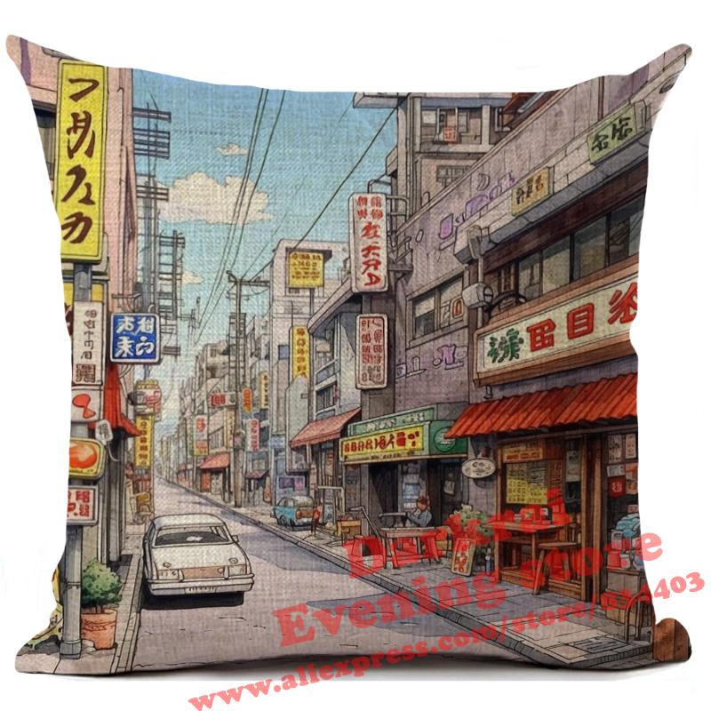 Cartoon Straßenecke Leinen Kissenbezug Japan Architekturstil Heimdekoration Wohnzimmer Sofa Dekokissen Hülle 45x45cm