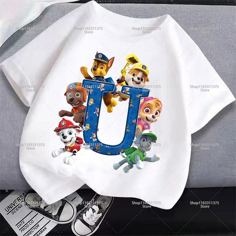 Cute PAW Patrol T-shirt Letter A-Z Boys Girls Clothes Short Sleeve Summer Cartoon Kids Birthday Toddler Cotton Outdoor Wear Gift