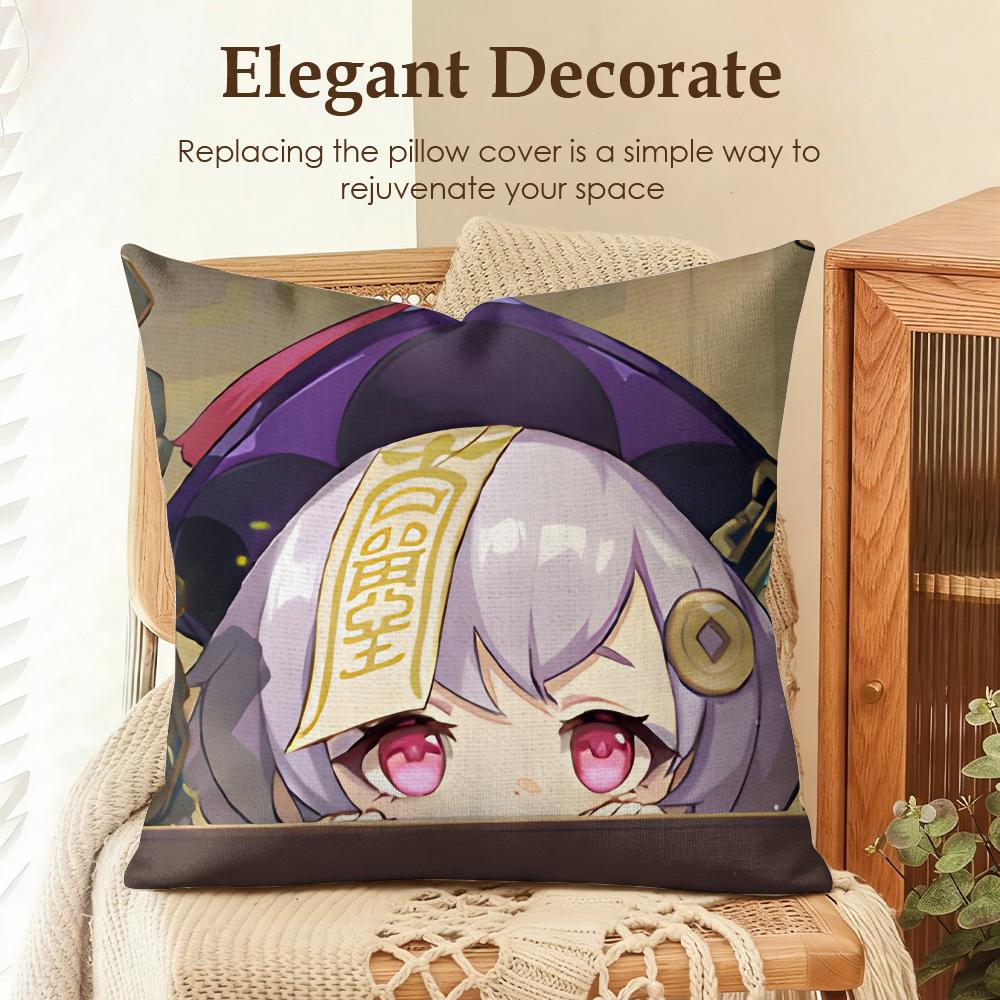Qiqi Cute Genshin Impact Cushion Cover Natural Linen Organic Fabric DoubleSided Printing Sofa Home Decor Gift Pillow Case