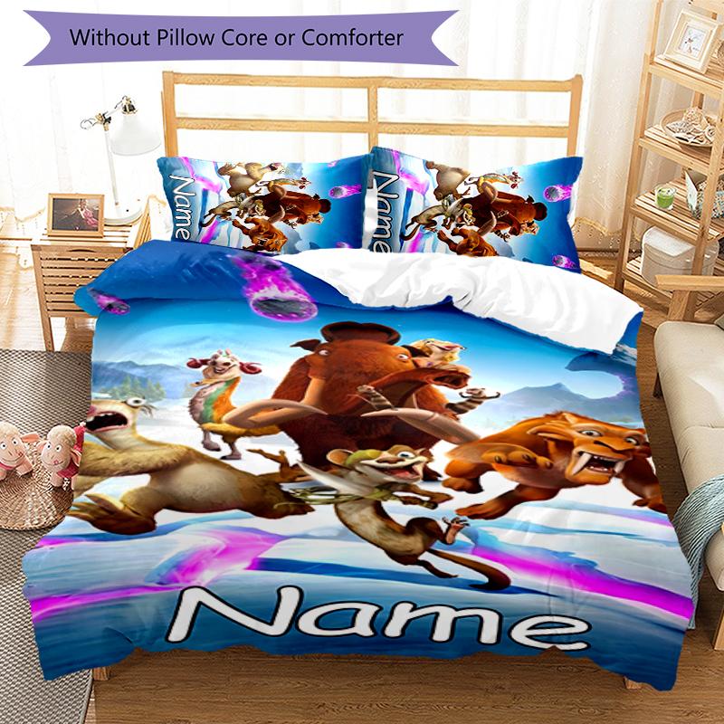Juego de Ropa de Cama con Nombre Personalizado de Dibujos Animados Ice Age: El Origen de los Dinosaurios, Cierre de Funda Nórdica, Incluye 1 Funda Nórdica y 2 Fundas de Almohada para Todas las Estaciones, Dormitorio