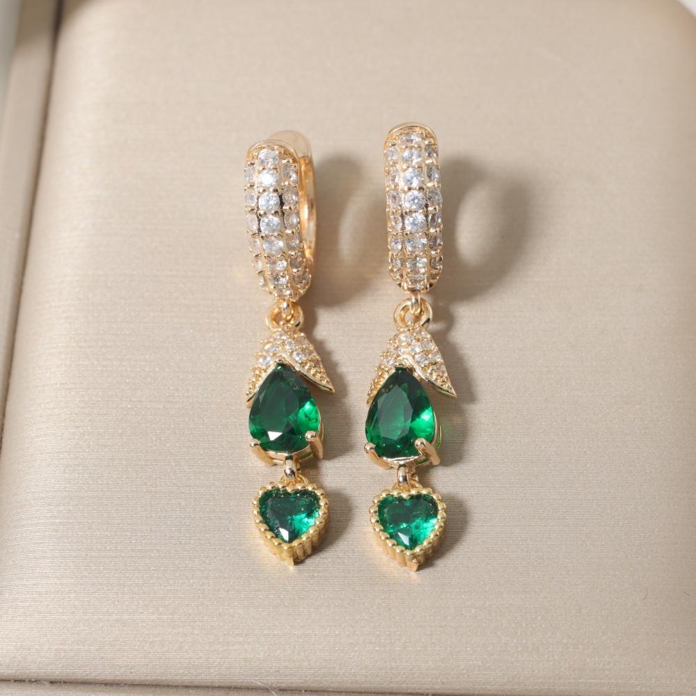 Fashion Green Heart Shape Dangle Earrings with Sparkling Zirconia Elegant Earring for Women Party Wedding Jewelry Gift