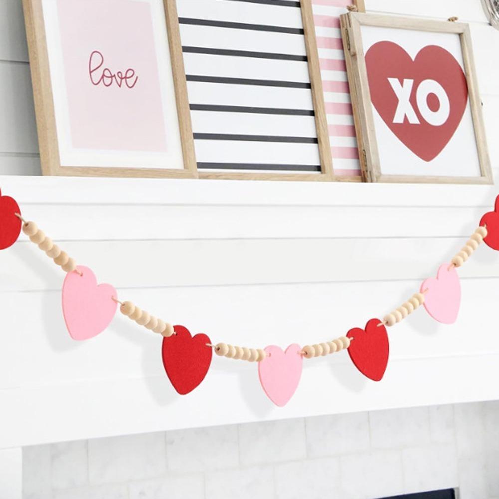 Red Pink Color Wooden Bead Garland Pre-Made Hanging Loop Valentine Bunting Banner For Home Mantle