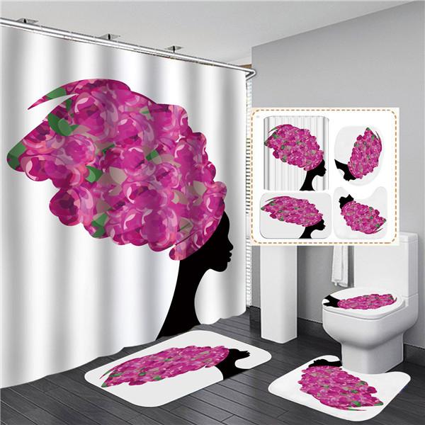 4PCS Full Set Bathroom Curtain Set Elegant African Black Woman Shower Curtain Hooks Modern Bath Mat Toilet Lid Cover Anti-slip Bath Mats
