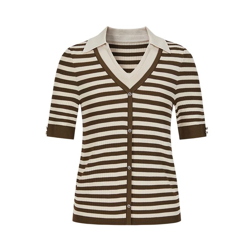 JUZUI Faux Two-Piece V-Neck Striped Knit Short Sleeve Top