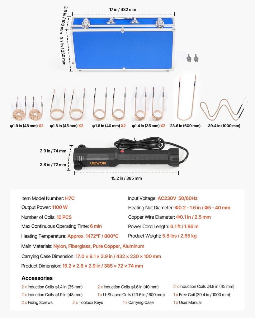 Induction Heater Bolt Removal, 1100W 230V Magnetic Induction Heater Kit, Handheld Nut Buster Tool, Mini Heating Machine for Rusty Screw Removing, Car