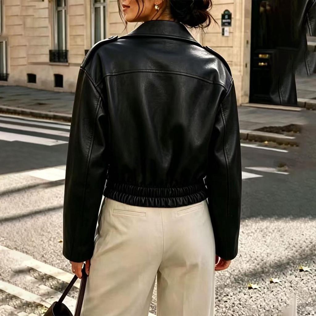 Women's Casual Short Leather Jacket with Lapel Collar and Zip Front for Daily Wear