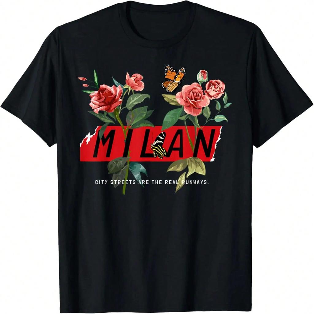 T-shirt Grafica Floreale Milano Italia, T-shirt Ti Amo Milano Italia