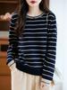 Women's Autumn/Winter Loose-Fit Round Neck Striped Pure Wool Sweater - Knitted, Warm Top Layers