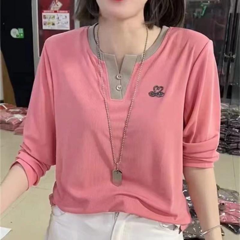 Spring and Autumn V-neck Long Sleeved T-shirt Casual Women's Top