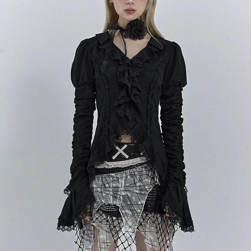 Gothic Black Lace Shirt Dark Aesthetic Irregular Blouses Yamamoto Style Grunge Flare Sleeve V-neck Shirt Vintage Y2k Emo