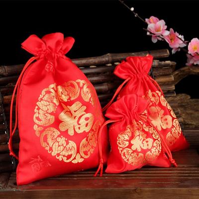 Čínská červená hedvábná taška Fu Lucky Bags Šperky Stahovací sáček Čínský brokát Cukroví Dárkové tašky Nový rok Svatba Balení dárků