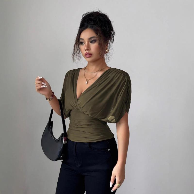 Women Solid Deep V Neck Short Sleeve Cinched Waist Sexy Casual Fitted Top
