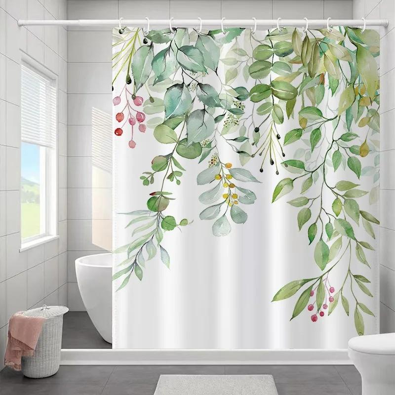 1PC Botanical Flower and Leaf Watercolor Pattern Waterproofing Bathroom Decoration Shower Curtain with Hooks Minimalist Design