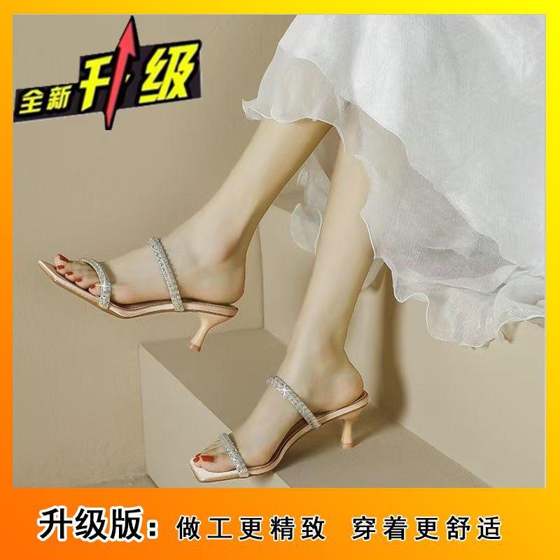 

Стразы квадратный носок тонкий каблук с сандалиями женская летняя 2025 новая обувь европейский и американский нишевый хай-энд одинарная обувь 40