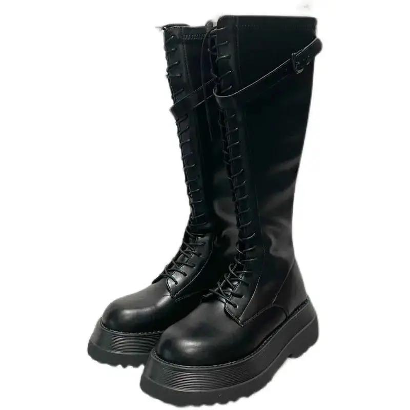 Fashion Lace-up Winter 2025 Knee High Shaft Shoes Woman With Laces Platform Long Boots for Women Waterproof Demi-season Work Spring New