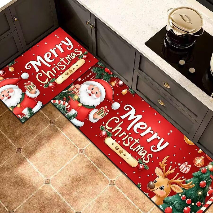 Christmas Santa Kitchen Mat Set, 2-PC Absorbent Non-Slip Floor Rugs for Holiday Decor