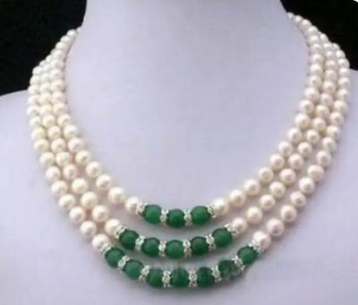 3 Rader 7-8MM Vita Pärlor Smaragd Halsband