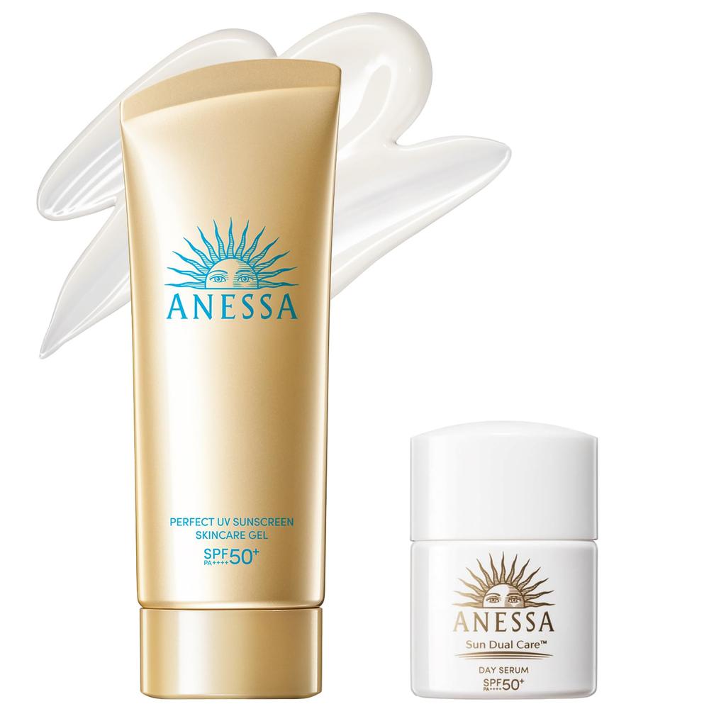 ANESSA Perfect UV Skin Care Gel NA 90g with Day Serum N Small Sunscreen for Face and Makeup Waterproof [2024 Model] SPF50+ PA++++ Bottle, Body, Base,