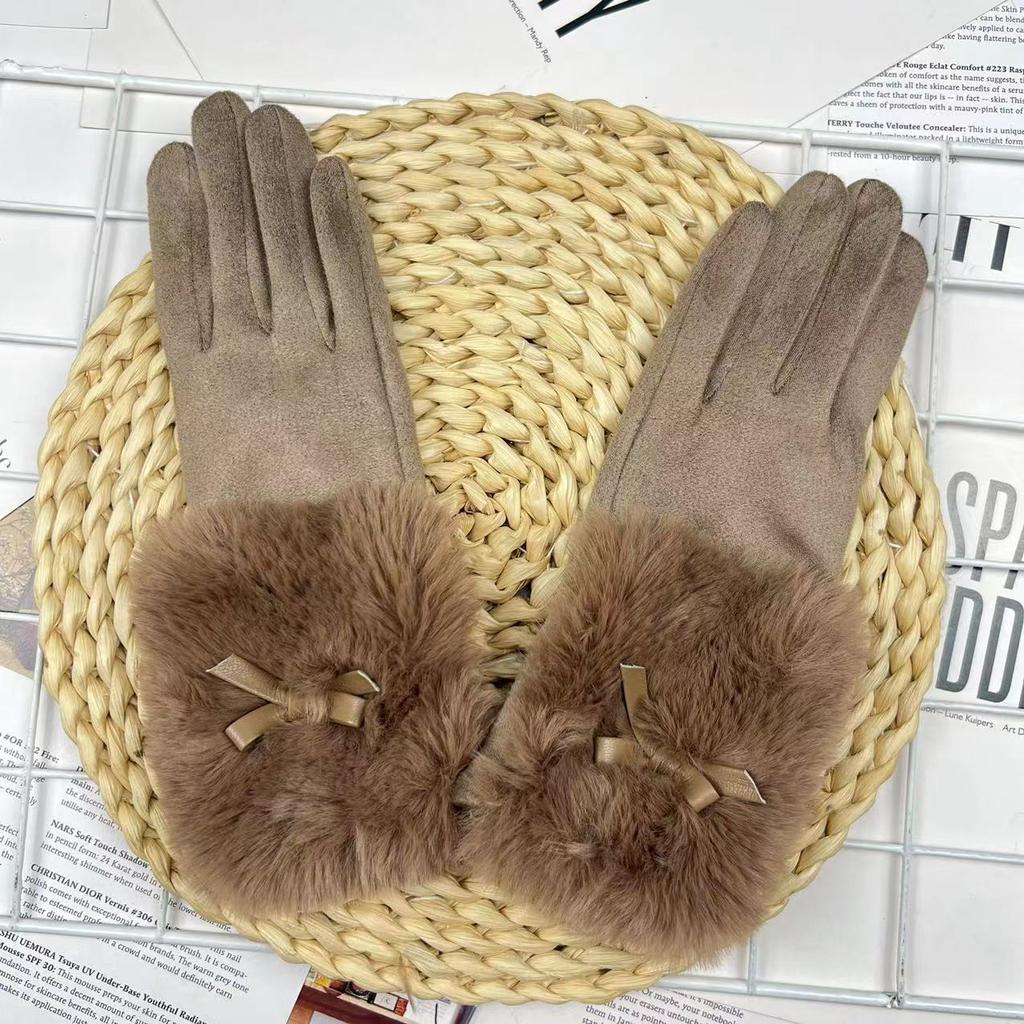 Women'S Warm Outdoor Riding Gloves Bow Deerskin Fleece Gloves Autumn Windproof And Cold Proof Touch Screen Gloves