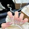 Pink French White Rhinestone Patchwork Handmade Wearable Nails