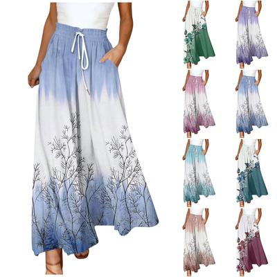 Pantaloni de damă cu imprimeu boho Pantaloni elastici cu talie înaltă Pantaloni lungi casual cu picior largi, cu buzunar