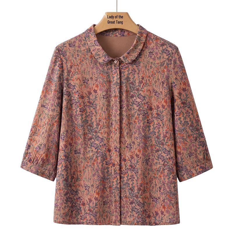 Women's Floral Lapel Quarter-Sleeve Shirt