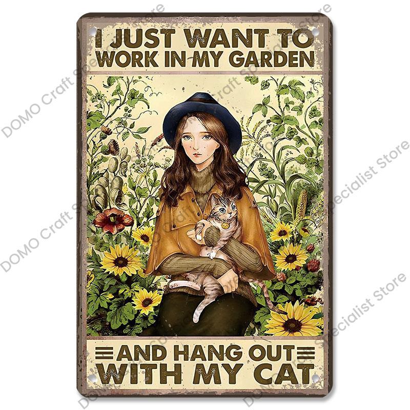 Gartenplaketten, Vintage-Metallblechschilder, Katze, Hund, Sonnenblumen, Mädchen, Metallplatte, Blumenladen, Herrenhaus, Wohnzimmer-Wanddekoration