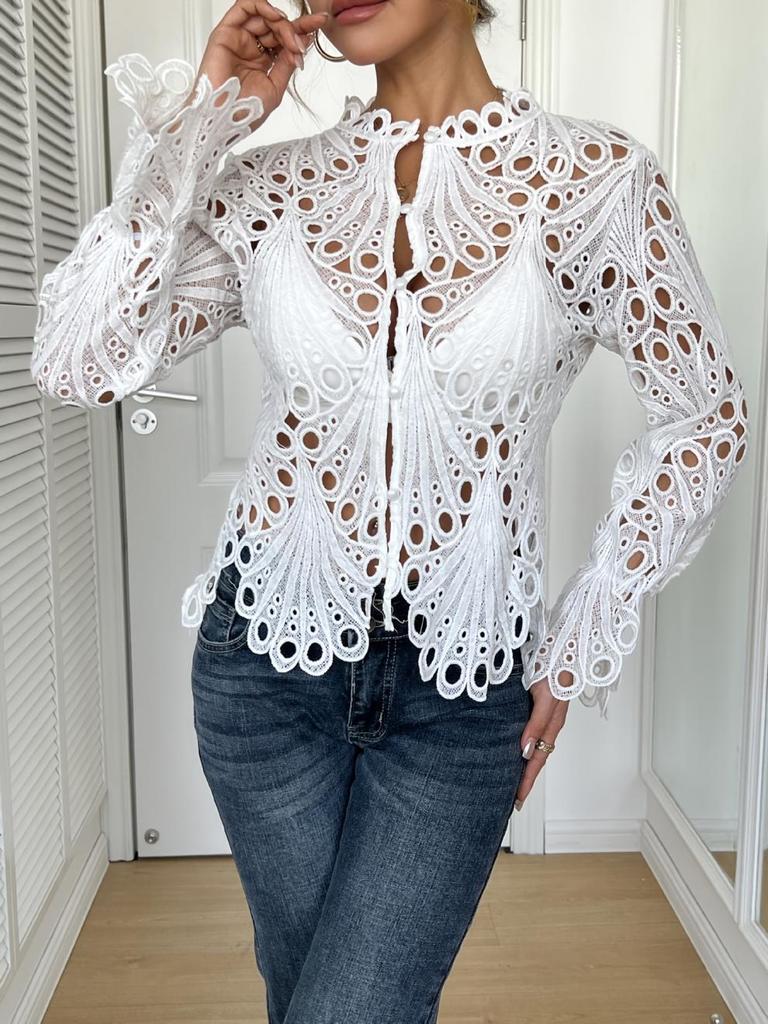 2025 Autumn Women's Sexy Ripped Bell Sleeve Knit Lace Top – European & American Style